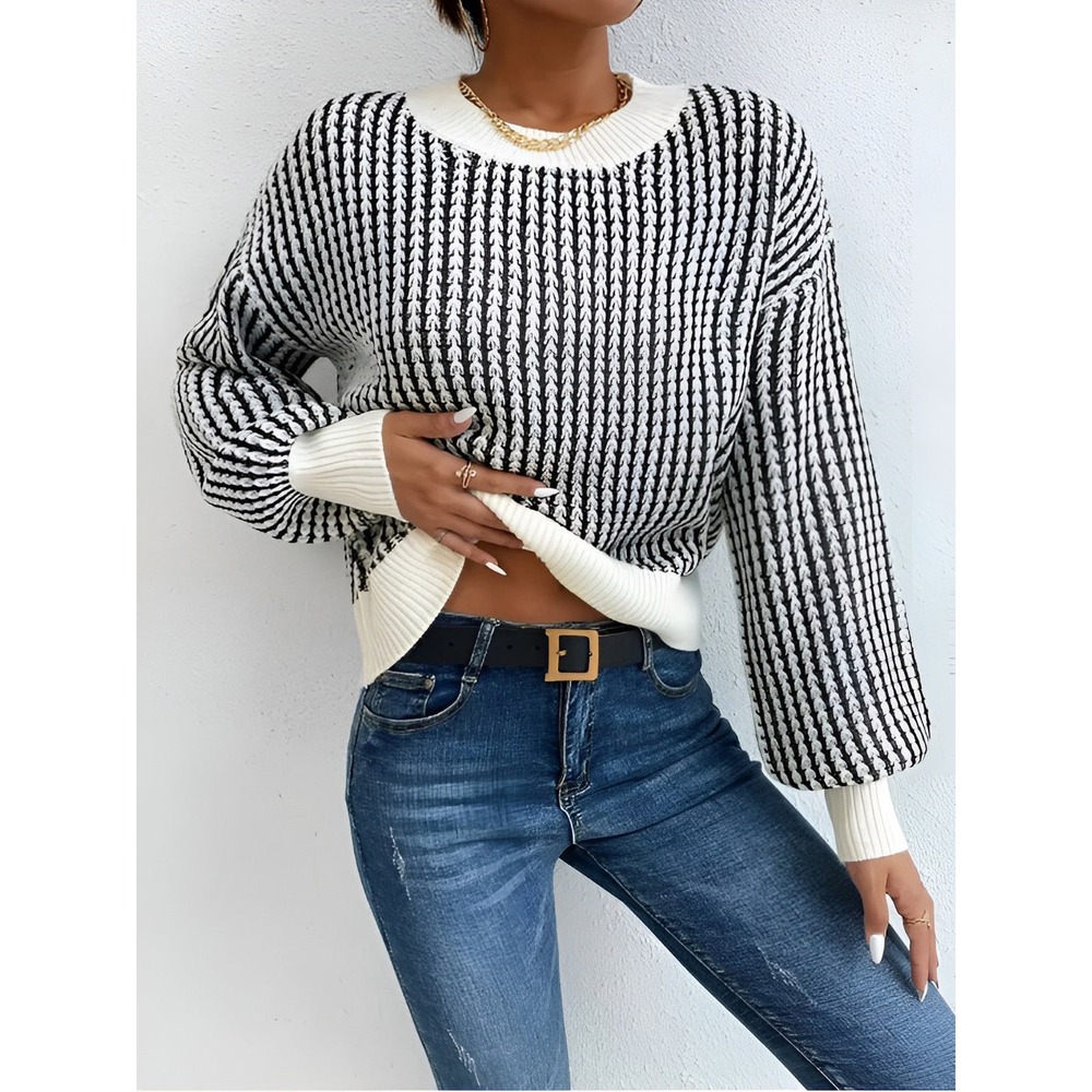 Commense Black White Striped Crew Neck Balloon Sleeve Knit Sweater